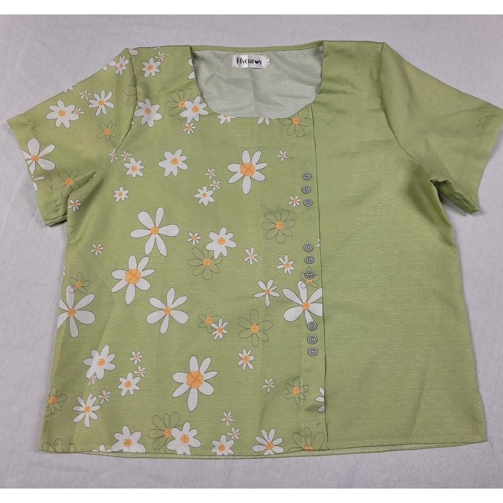 Flycurvy Women's Green Floral Print Short-Sleeve Top w/ Button Accents Size L